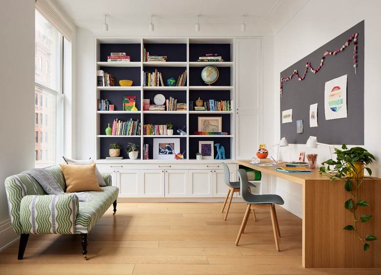 An office room with wooden decor